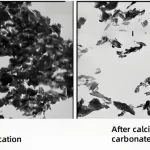 Microscopic image of calcium carbonate before and after modification